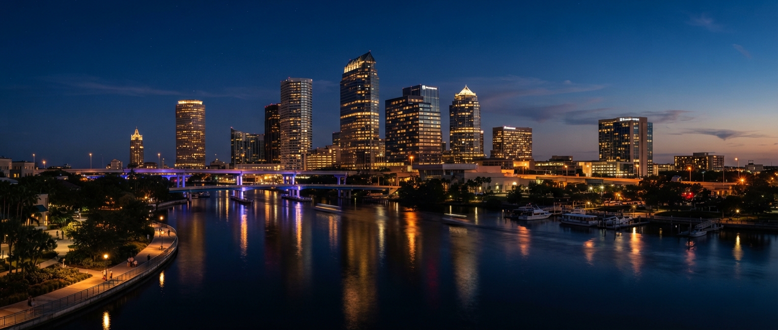 Cinematic blue-hour view of downtown Tampa's high-rise corridor with the bay and Riverwalk reflecting glass towers