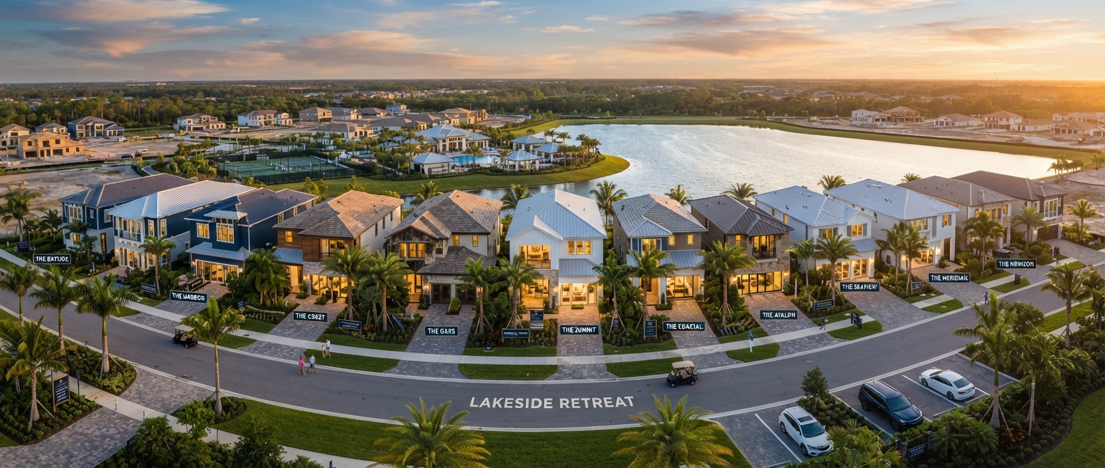 Editorial cinematic aerial Florida new construction model row at golden hour with palm trees in navy and gold tones