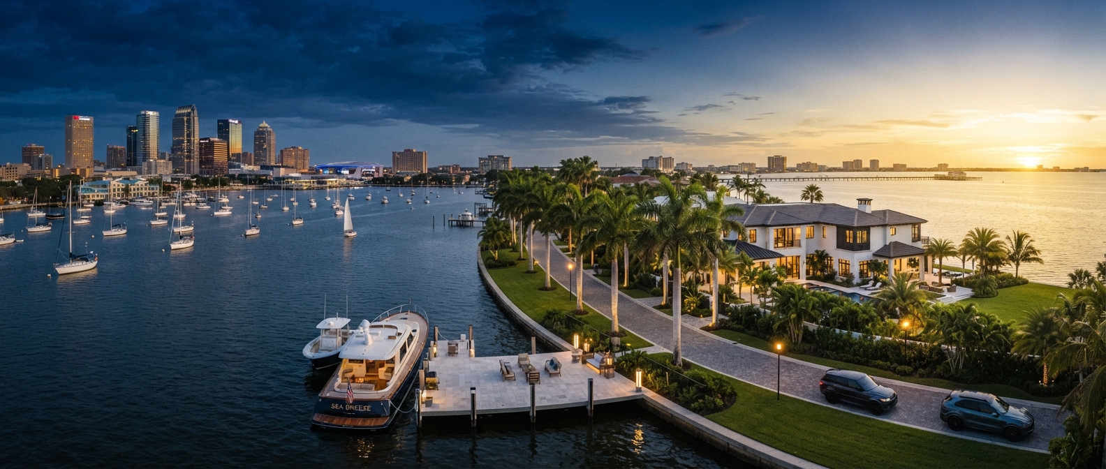Tampa Bay waterfront at golden hour — the editorial hub