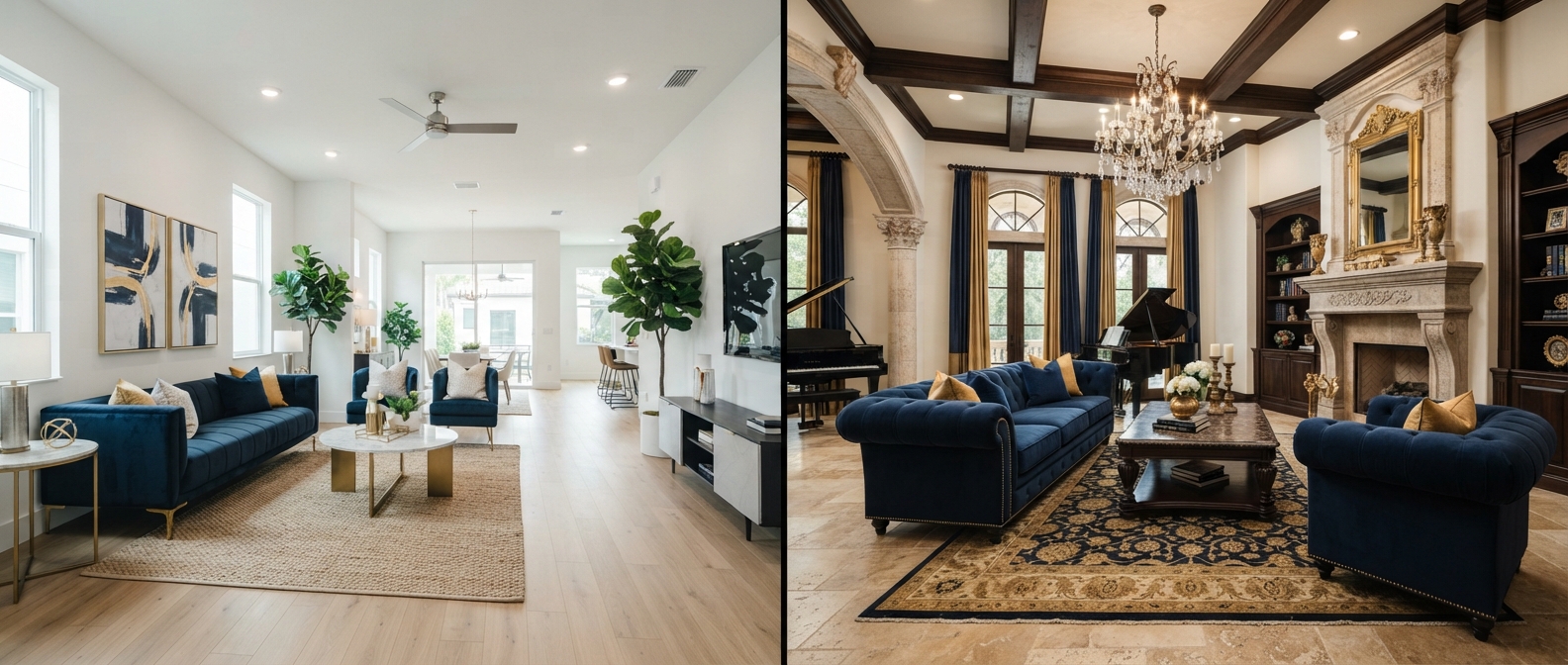 Editorial split-frame image contrasting a modern Tampa model home interior with a Mediterranean South Tampa estate living room, navy and gold palette