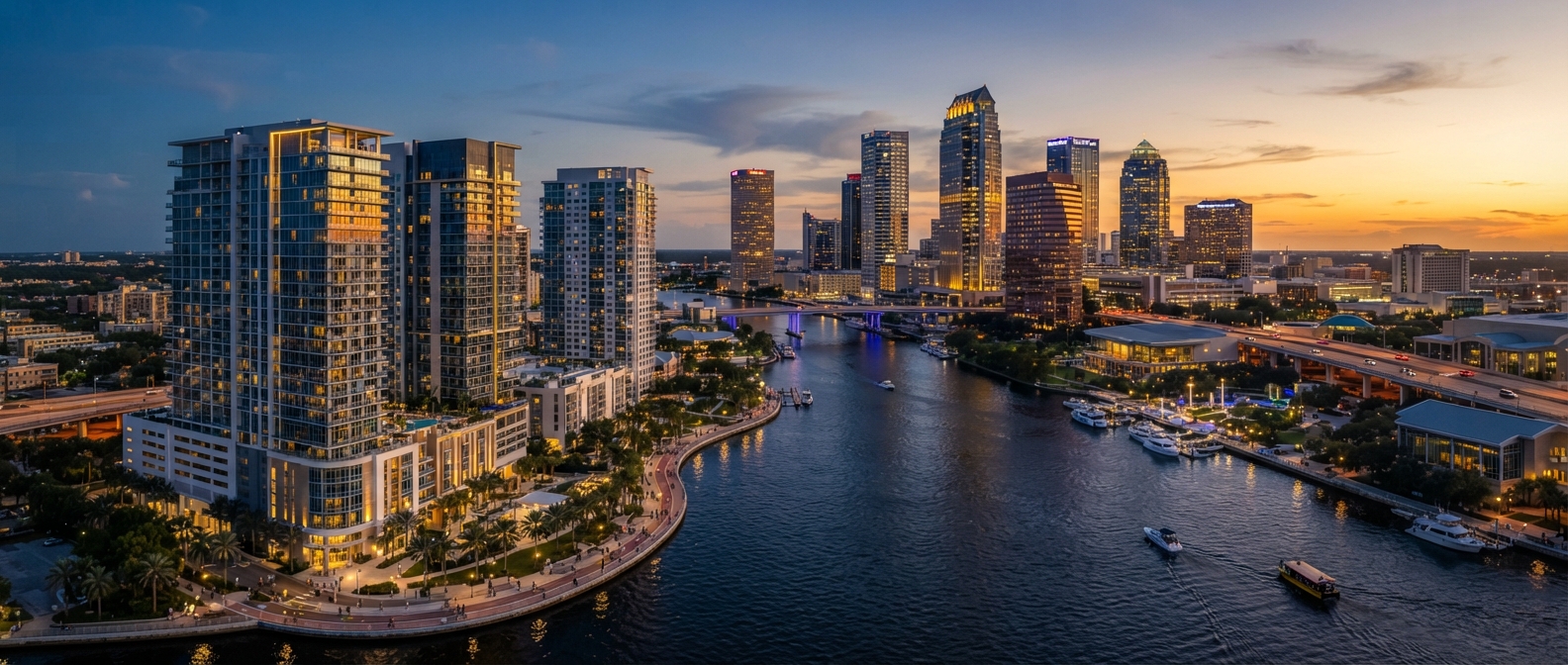 Aerial golden-hour view of downtown Tampa, the Riverwalk, and the waterfront condo corridor