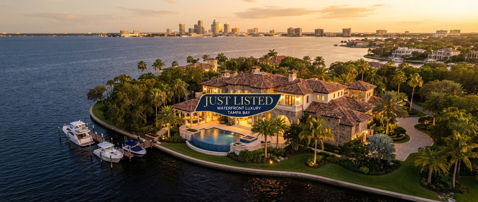 Cinematic aerial of a Tampa Bay luxury mansion at golden hour with a Just Listed banner, dock and palm-lined waterfront