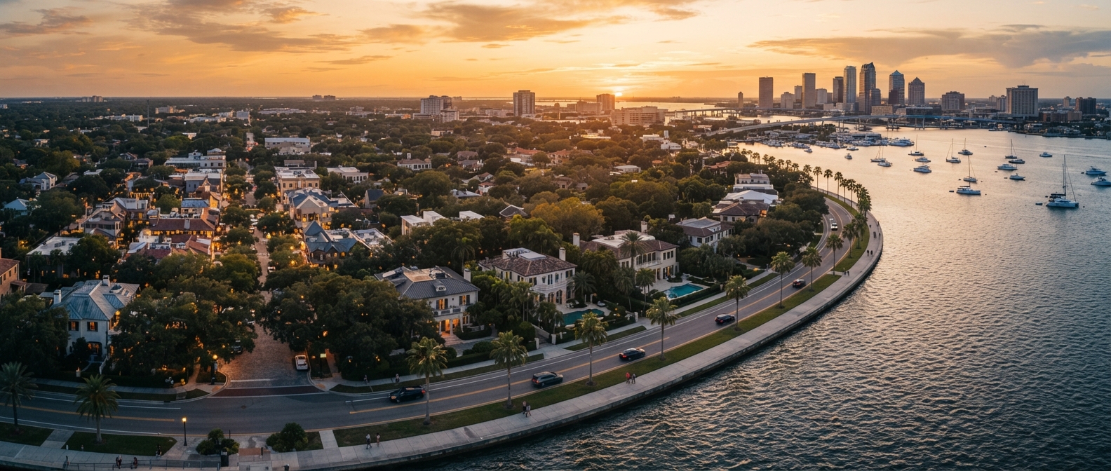 Aerial golden-hour view of South Tampa featuring Hyde Park Village, Bayshore Boulevard palm-lined mansions, and Tampa Bay