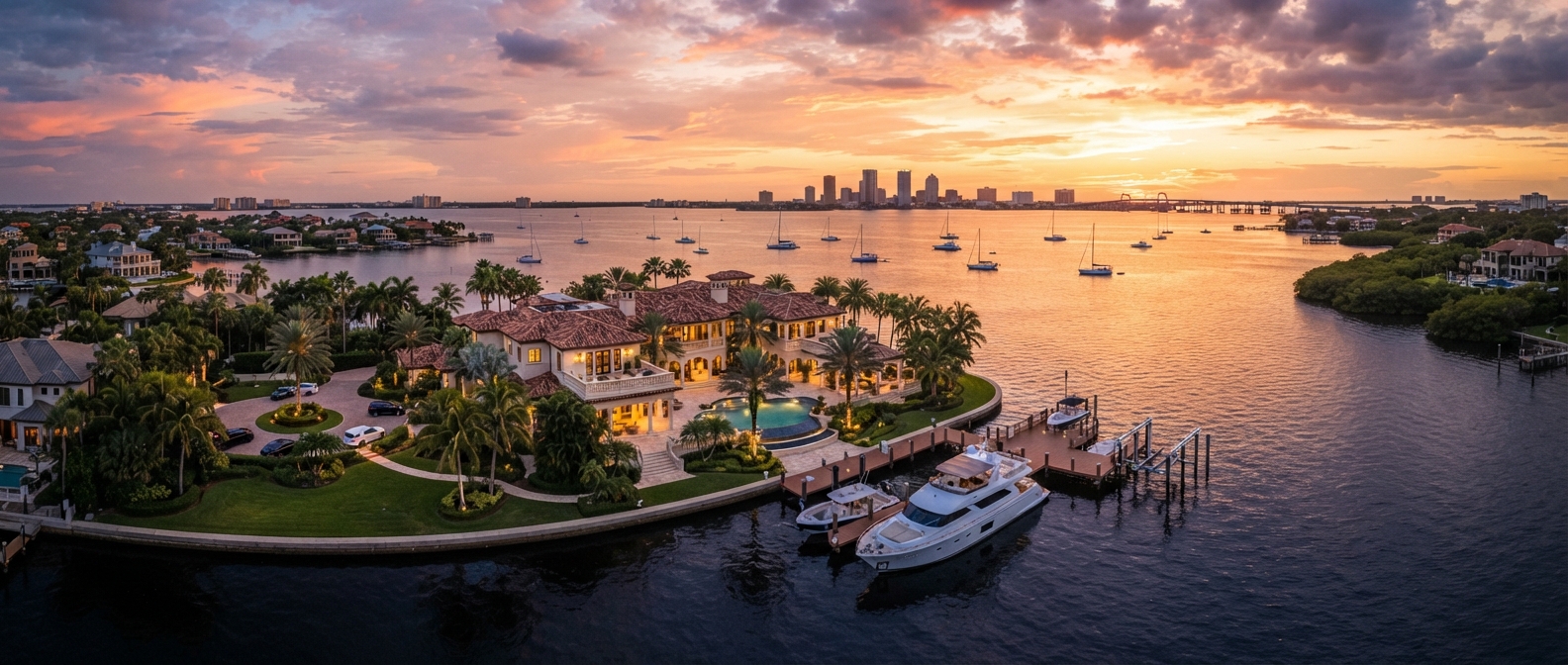 Aerial cinematic view of a Tampa Bay waterfront estate at golden hour with private dock and sailboats