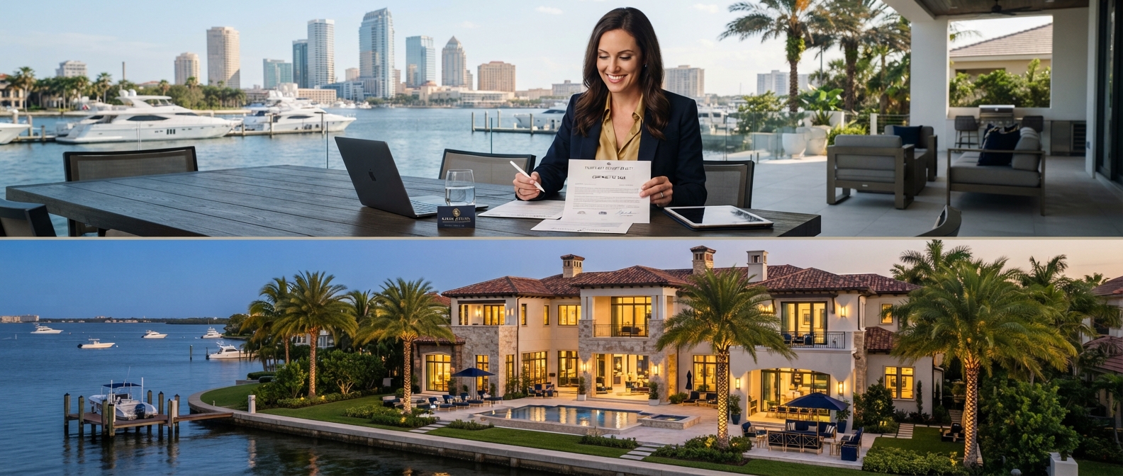 Editorial split-frame: a Tampa Bay luxury agent reviewing a contract at a waterfront table above a luxury estate on the bay — navy and gold