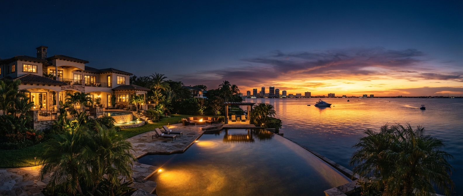 Editorial cinematic of an ultra-luxury Tampa Bay estate at golden hour — infinity pool overlooking the bay