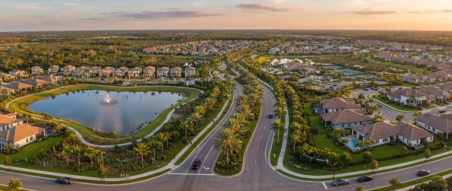 Editorial cinematic aerial of a Florida master-planned community at golden hour — palm-lined boulevard, retention pond, and model rows