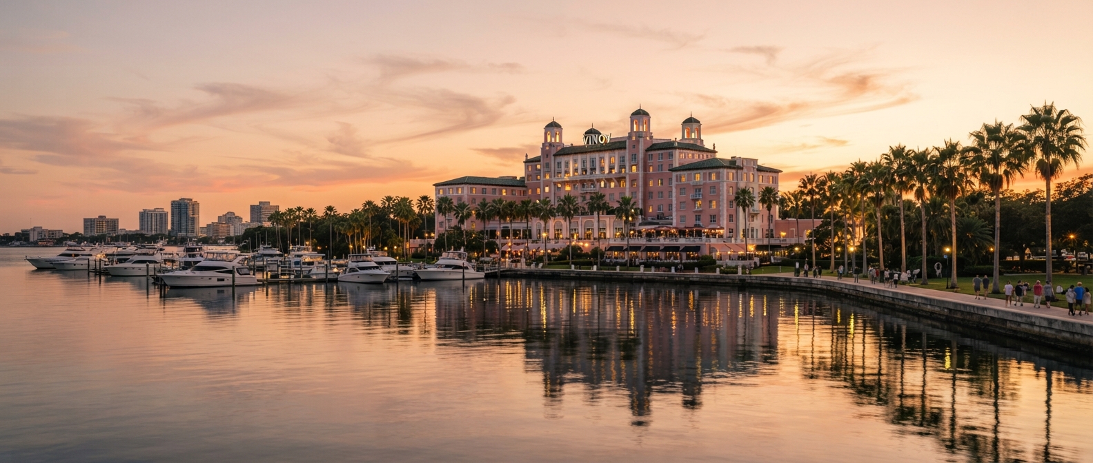 Editorial cinematic photo of a St. Petersburg Florida historic hotel at golden hour with palm trees and bay reflections