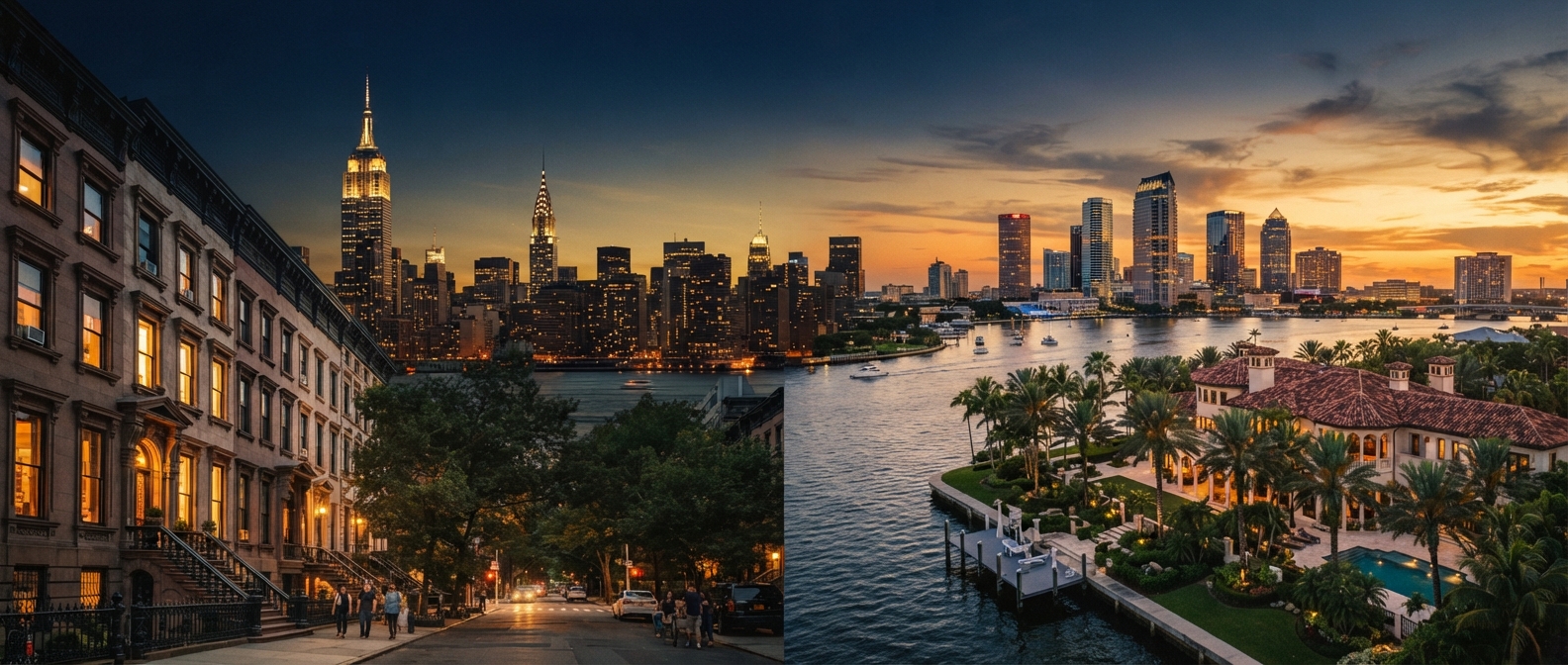 Editorial cinematic dual-frame: a Manhattan brownstone and a Tampa Bay palm estate at golden hour, two iconic luxury skylines in navy and warm gold