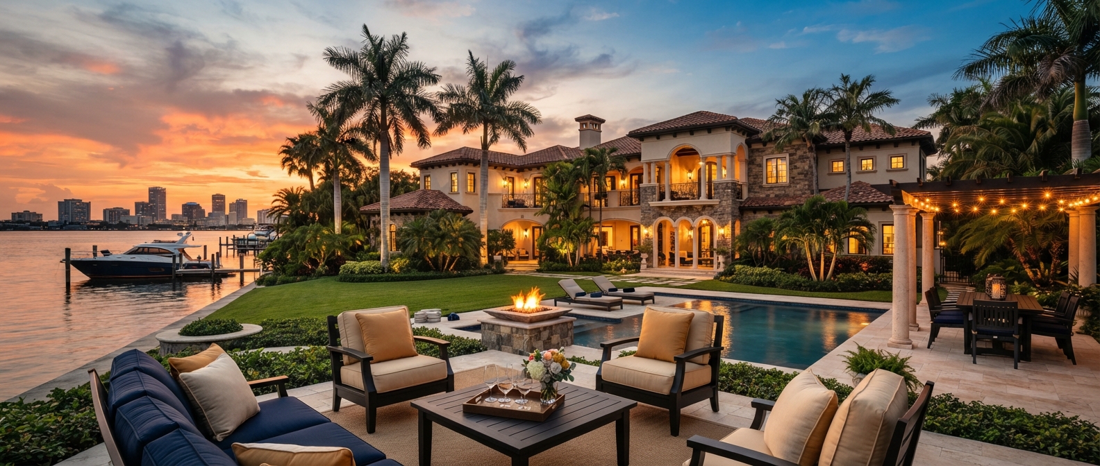 Editorial cinematic photo of a luxury Tampa Bay estate with seller-prep staging, palm trees, navy and warm gold tones