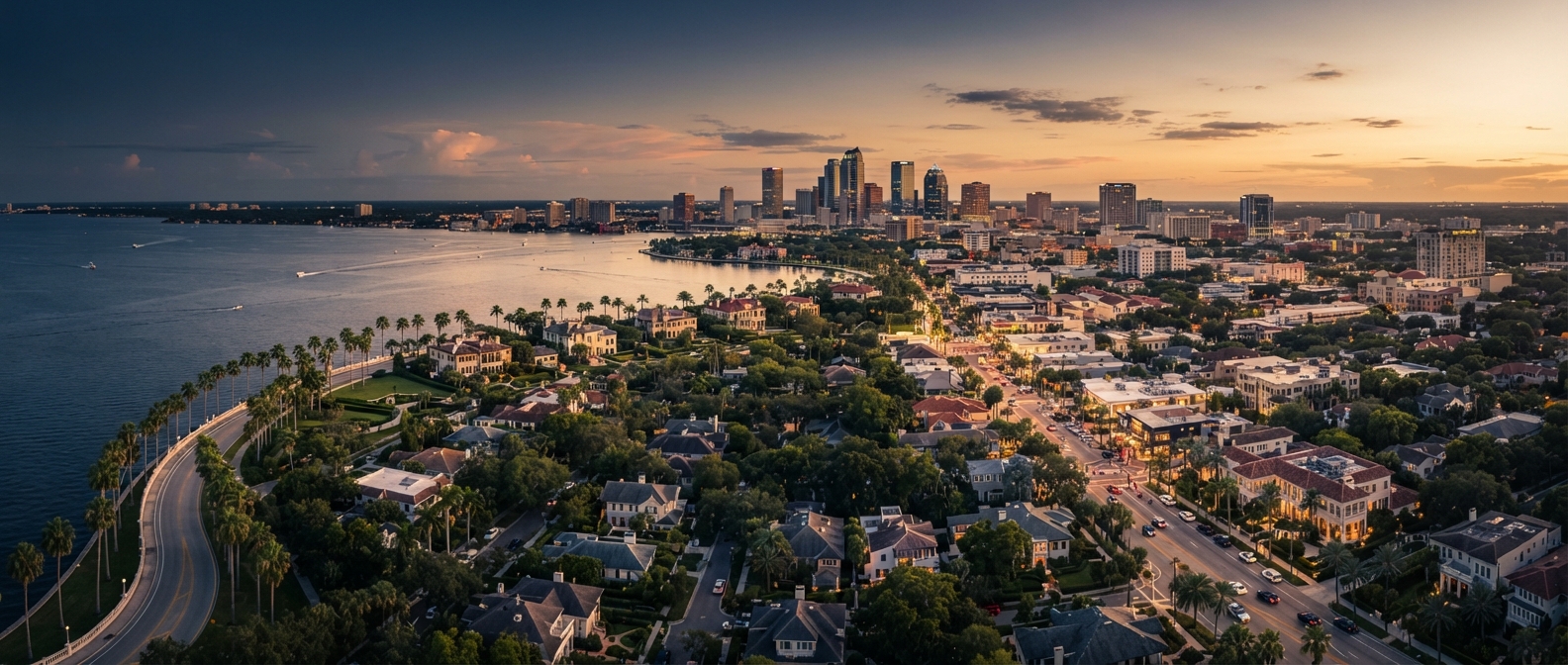 Cinematic golden-hour aerial of South Tampa — Hyde Park Village, the palm-lined Bayshore Boulevard mansions, and Tampa skyline
