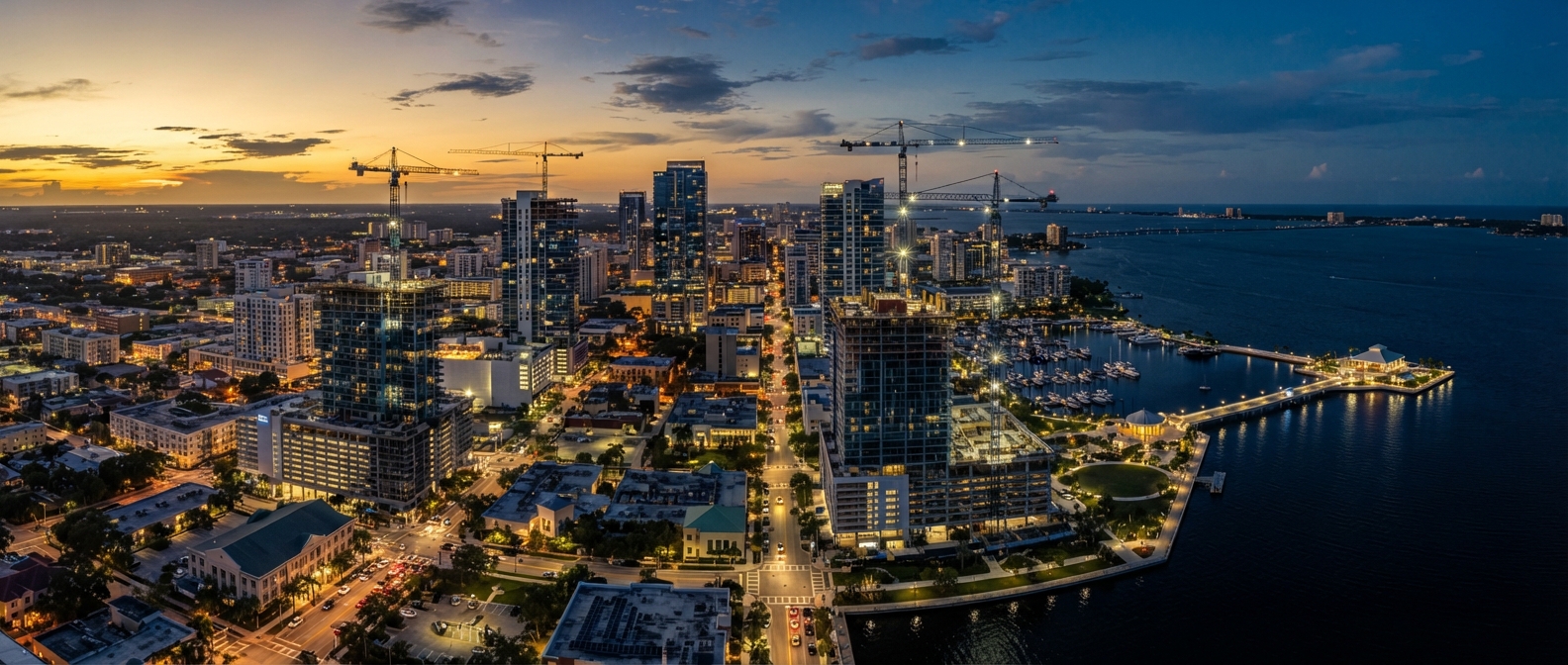 Editorial cinematic aerial of downtown St. Petersburg Florida at blue hour, multiple construction cranes around modern towers, navy water and warm gold sky