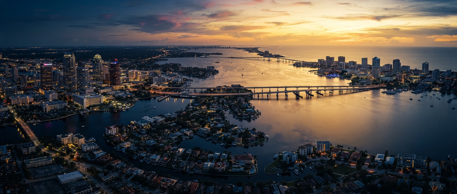 Tampa Bay lifestyle composite — neighborhoods, waterfront, and family cadence tied together for relocating buyers