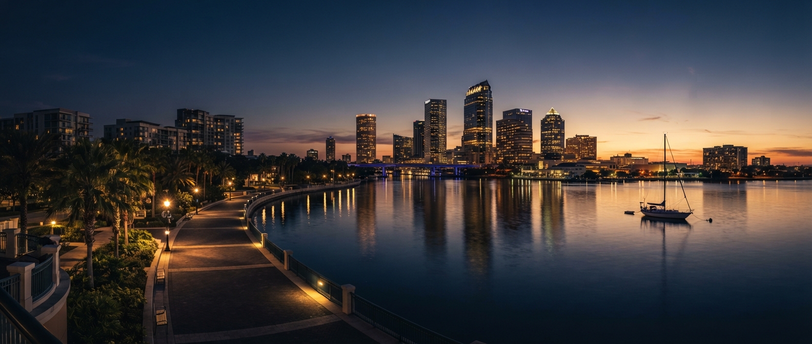 Tampa Bay waterfront and downtown skyline at dusk